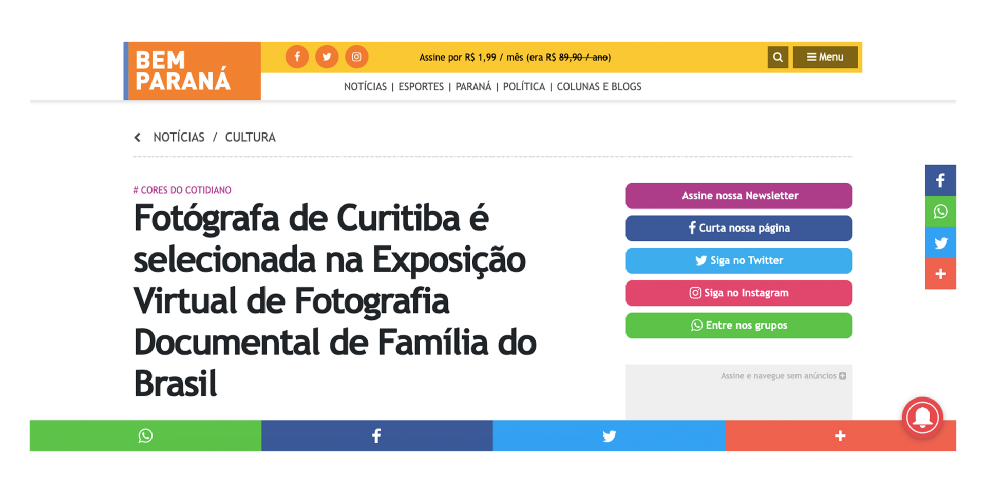Matéria no jornal Bem Paraná sobre a exposição Cores do Cotidiano